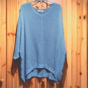 Plus size open knit turquoise sweater with round neckline.